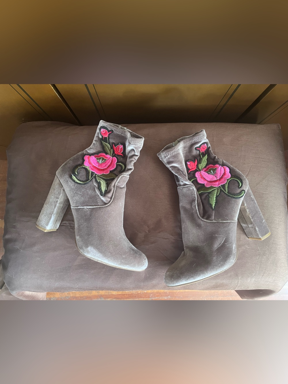 Steve Madden Velvet Ankle Boots with Pink Floral Embroidery